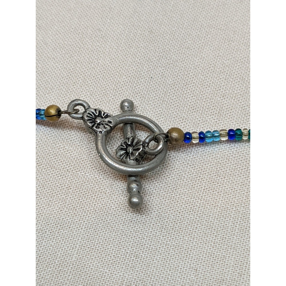 Art Glass Beaded Necklace Blue Swirl Beads Silver Tone Floral Toggle Clasp ~17" - Picture 6 of 7